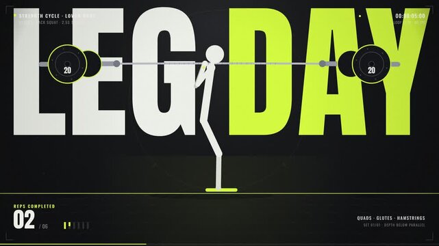 Animated stick figure doing barbell squats with reps counter workout interface graphic design motion