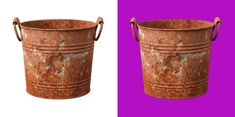 Old rusty metal bucket with two handles for gardening or home storage use © Habib