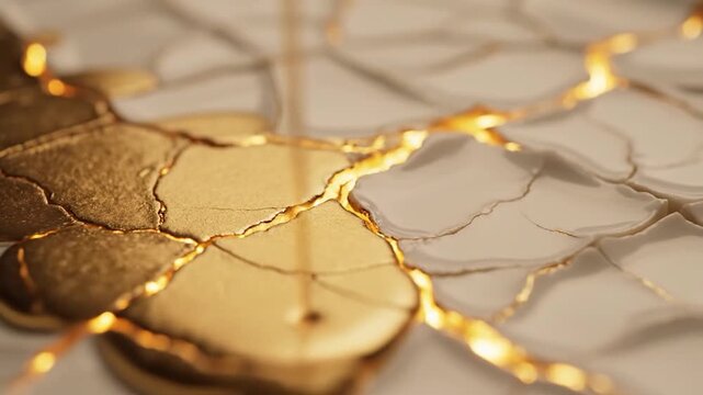 Kintsugi inspired cracked surface with glowing golden veins.