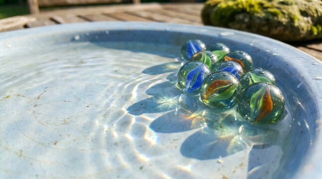 庭の水を張った器に沈むビー玉と揺れる光の模様