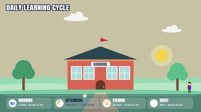 Motion graphic Daily Learning Cycle Animation Showing School Schedule Through Day and Night