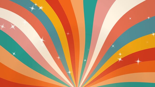 Retro Groovy Sunburst Background with Colorful Curved Stripes and Sparkles.