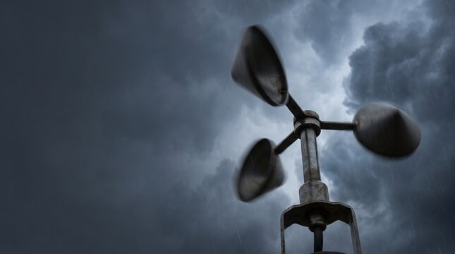 A spinning anemometer measuring wind speed against a dramatic dark and stormy sky filled with heavy clouds