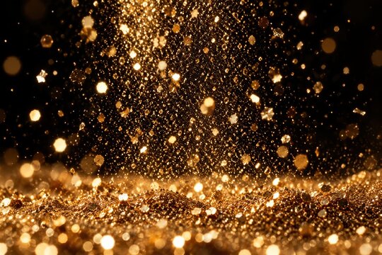 Golden glitter and sparkles cascading in a festive abstract background with shimmering particles and bokeh light effects, perfect for luxury celebrations, Christmas, and New Year party designs.