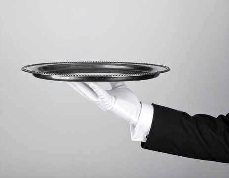 White-gloved hand in black suit jacket holds silver platter