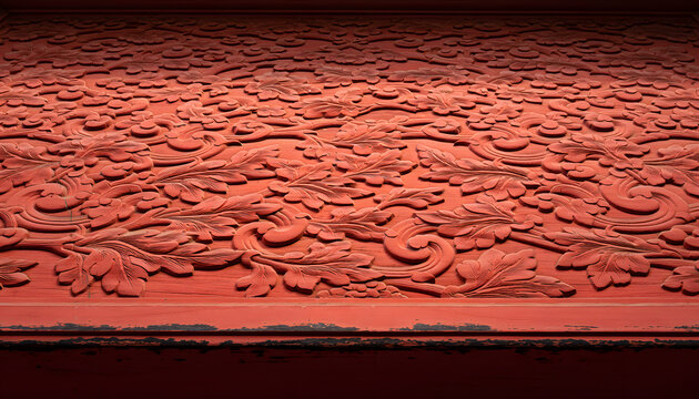 鎌倉彫の朱と黒の彫りの漆の面に斜めの光が当たる背景 / Kamakura-bori Carved Red and Black Lacquer Relief in Raking Light Background