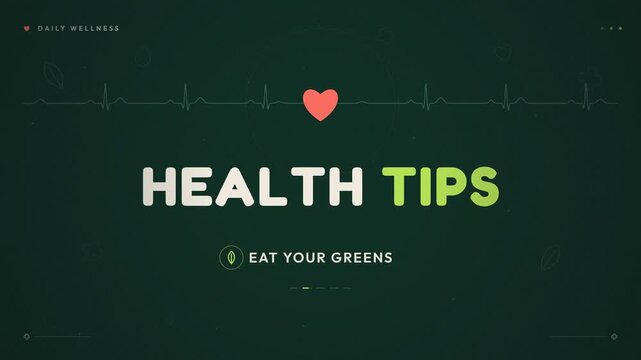Daily wellness and healthy tips animated text with icons on green background