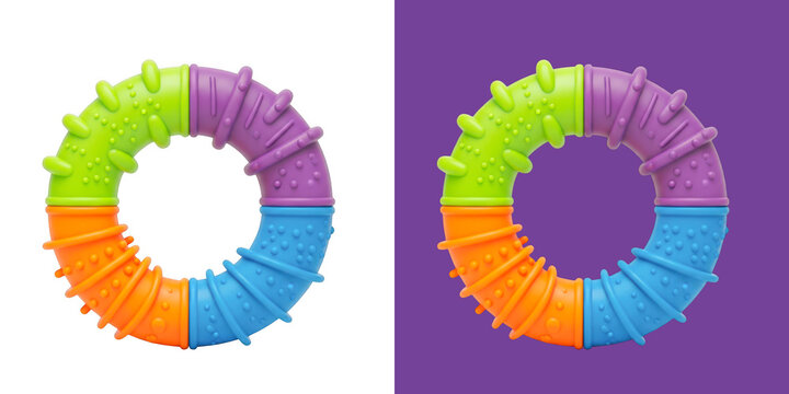 Colorful round textured rubber baby teether ring toy for teething infants png