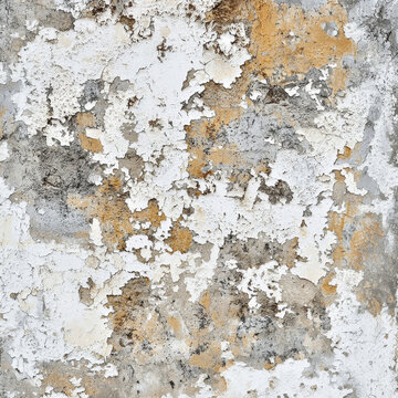 Distressed wall with flaking white paint, revealing cracked gray concrete and warm earthy brown patches, creating a rich texture