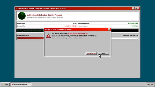 Nostalgic animation of a 1990s retro antivirus utility running a deep disk scan, triggering a dramatic malware threat alert, and neutralizing the virus into quarantine.