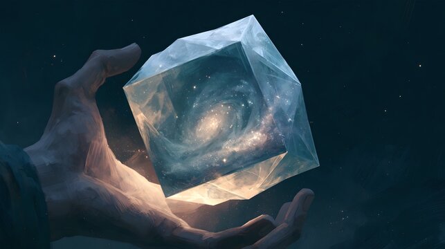 A human hand holding a glowing translucent cube containing a swirling galaxy in deep space