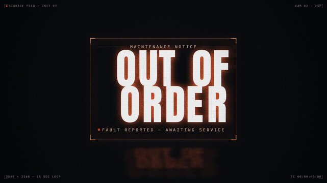 Out of order malfunction warning text on retro security camera digital interface loop