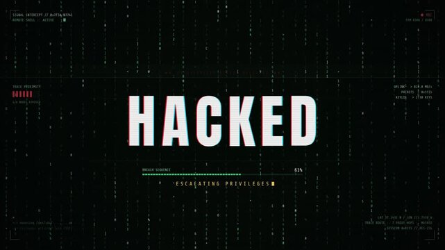 Hacked cyber security warning glitch effect with falling binary code background