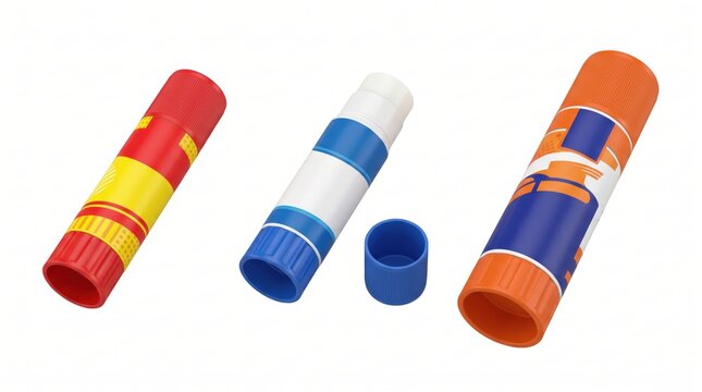 Three colorful plastic glue sticks with cylindrical bodies, including red, yellow, blue, white, and orange patterned adhesive containers