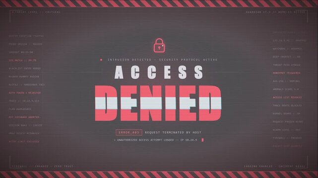 Cybersecurity warning screen with access denied error message and red HUD interface