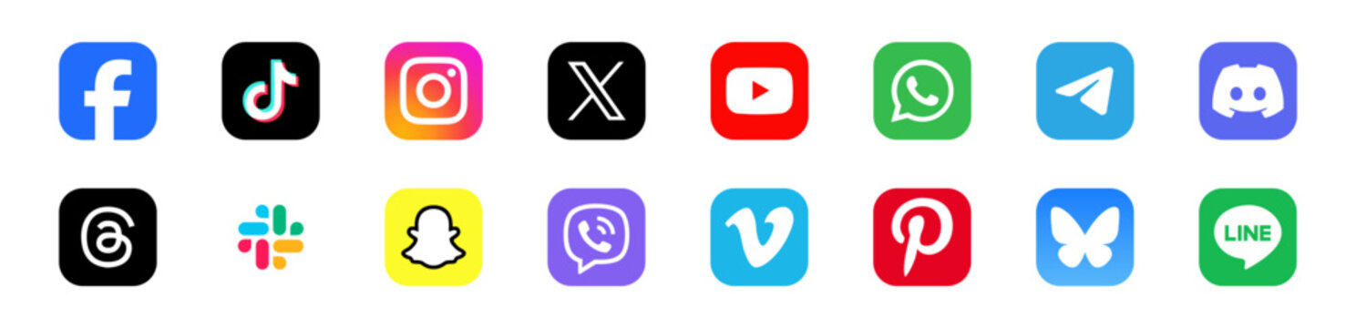 Social media logotype icon set facebook tiktok instagram x twitter youtube whatsapp telegram discord threads slack snapchat viber vimeo pinterest bluesky line isolated on transparent background