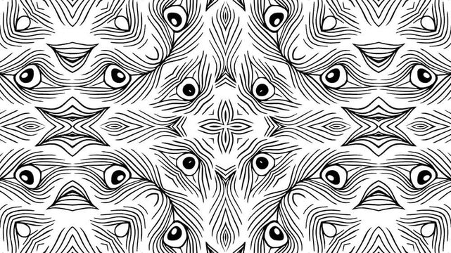 Psychedelic black and white ethnic patterns rotate in a hand drawn kaleidoscope style, creating a bold abstract background for music festivals and events.