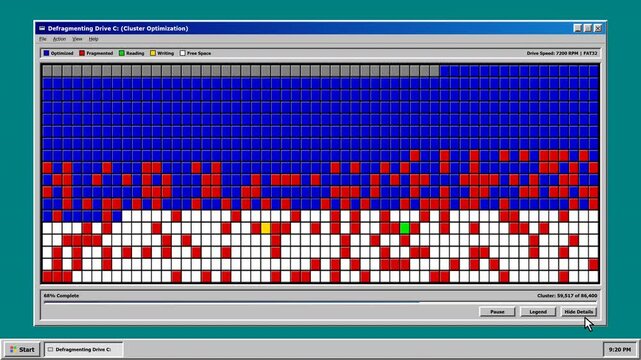 Nostalgic 4K 30fps animation of a 1990s computer disk defragmenter utility reorganizing fragmented data clusters into a solid optimized drive layout.