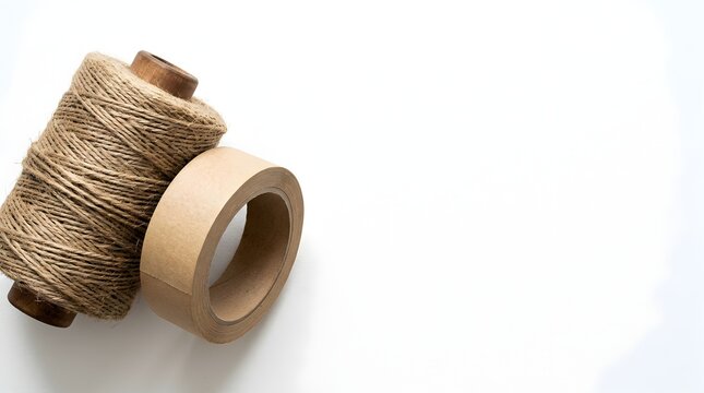 Spool of brown natural jute twine and a roll of adhesive paper tape