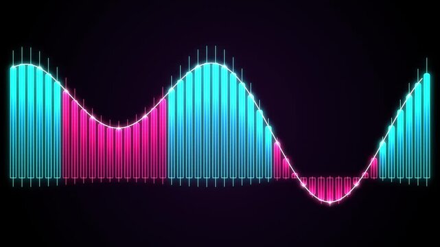 Abstract digital wave visualization with glowing neon bars representing data fluctuations and financial market trends in a modern dark background