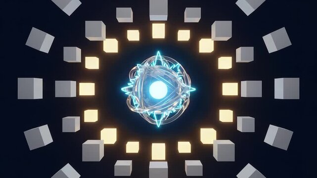 A central glowing core radiating data pulses to a circular array of server nodes, symbolizing server load balancing, cloud infrastructure distribution, network traffic management, and system scaling.