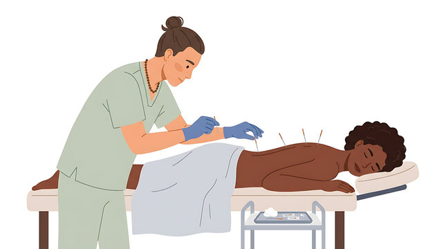 Acupuncturist performing back treatment on patient lying on massage