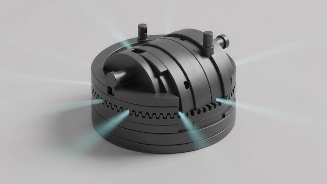 Interlocking cyan and green glowing rings enclosed by a mechanical vault chamber, symbolizing secure B2B escrow locking, Fintech transaction protection, smart contract safety, and digital trust.