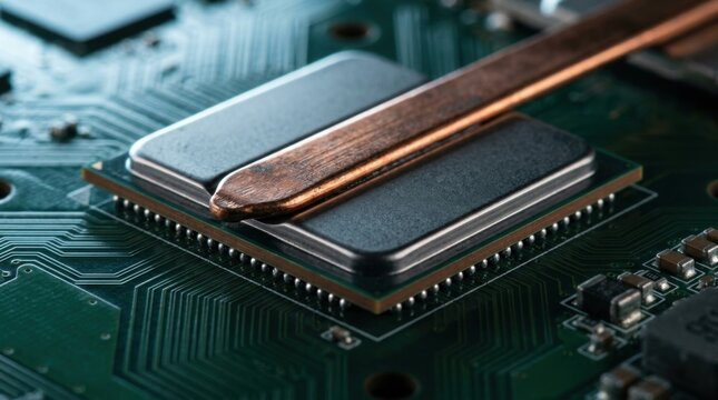 AI microchip architecture showing ceramic flip-chip BGA processor mounted on multilayer green PCB with copper heat pipes and solder balls.
