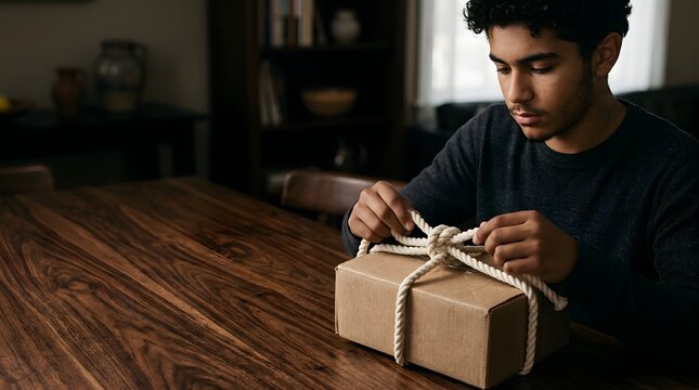 Young man securing brown cardboard package with white rope at table
