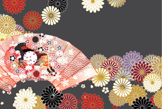 黒いベースに彩られた日本の伝統的な扇子と美しい菊の花模様