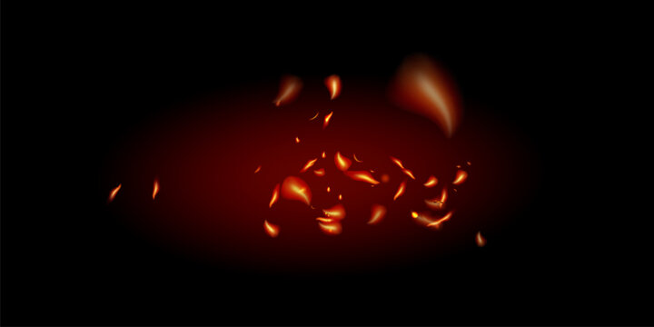 Burning Flame Fiery Sparkles Background. Isolated Fire, Red Yellow Orange Sparks, Smoke. Realistic Energy Glow. Hot Blazing Glow Flashes. Realistic Fire Image on Black.