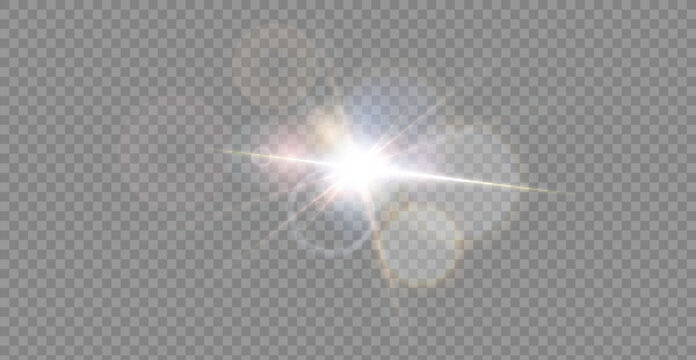 A bright light effect is depicted a white flash at the center, from which rays and lens flare circles radiate outward making the element convenient for overlaying in graphic design or photo editing.