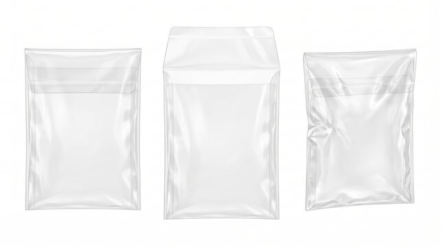 Three empty transparent plastic pouches with resealable adhesive strips, isolated on a white background, for product, packaging mockups