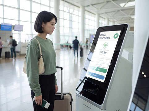 Young Asian woman in green sweatshirt with suitcase and passport looking at airport kiosk screen to offset flight carbon emissions for responsible travel