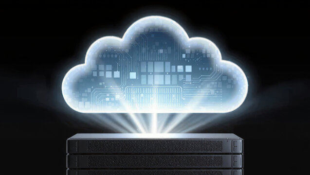Glowing digital cloud above server rack, representing secure cloud computing and data storage technology