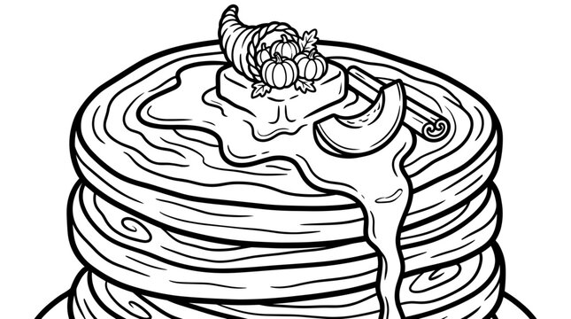 Stack of pancakes with syrup, cinnamon stick, and cornucopia with pumpkins, black and white line art