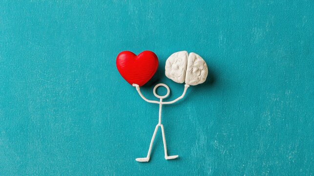 Balancing a heart and brain in both hands, a white stick figure represents mental wellness, emotional awareness, positive relationships, and life satisfaction.
