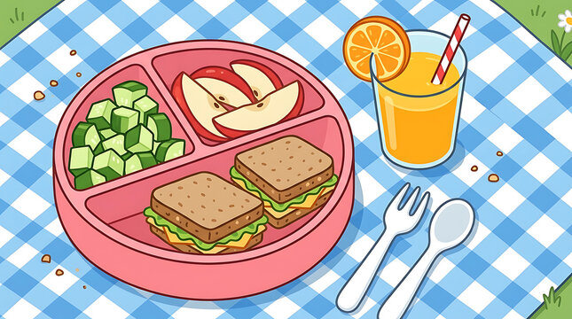 Bento box lunch with sandwiches apple slices cucumber cubes and