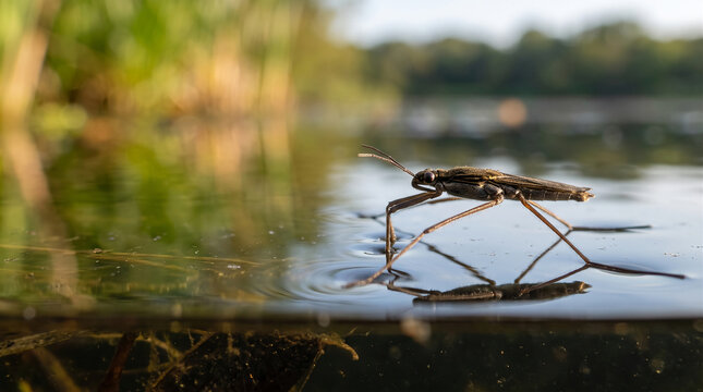 Water strider insect walking on calm pond surface with reflections