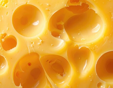 Close-up view of Swiss cheese with large, irregular holes and a smooth texture