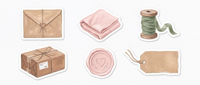 Crafting and postal supplies including envelopes parcels ribbon and wax seal for gift packaging and mail.