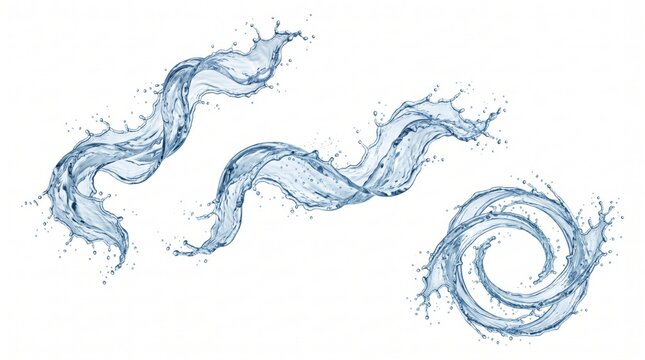 Three distinct water splashes, including two flowing wavy streams and one circular vortex shape, isolated on a clean white background