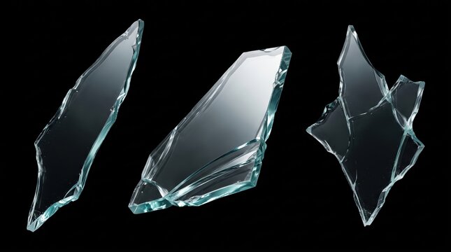 Three distinct shards of broken transparent glass with sharp jagged edges, isolated against a solid black background