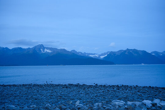 Seward, Alaska, USA: 09 10 2026: Landscape of Alaska Seward harbor port and resurrection bay of pacific ocean at night
