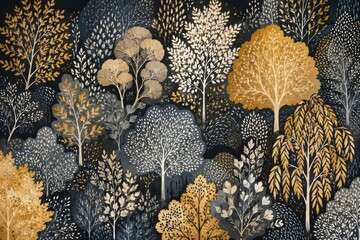 Plakat Elegant botanical forest pattern with gold foliage on dark background