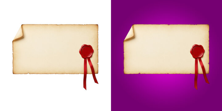 Old vintage paper scroll with red wax seal and ribbon graphic asset