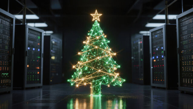 Illuminated Christmas tree, data center, server rack, glowing light, festive decoration, digital technology, creates warm