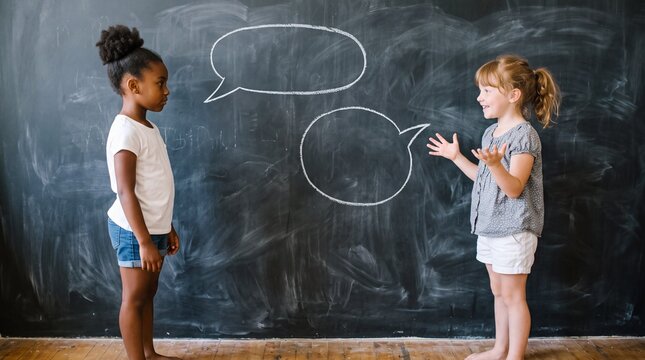 Schoolgirls discussing ideas beside chalk speech bubbles in a classroom. Young students practice public speaking as members of a kids debate club at the blackboard.