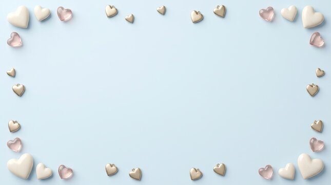 Top-down flat lay composition featuring assorted white, golden, and translucent pink heart-shaped ornaments arranged as a border against a solid light blue background with generous copy spac