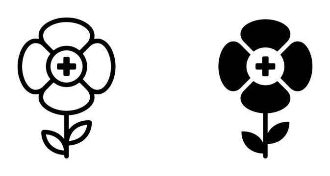 Flower icon with plus sign, health and nature symbol